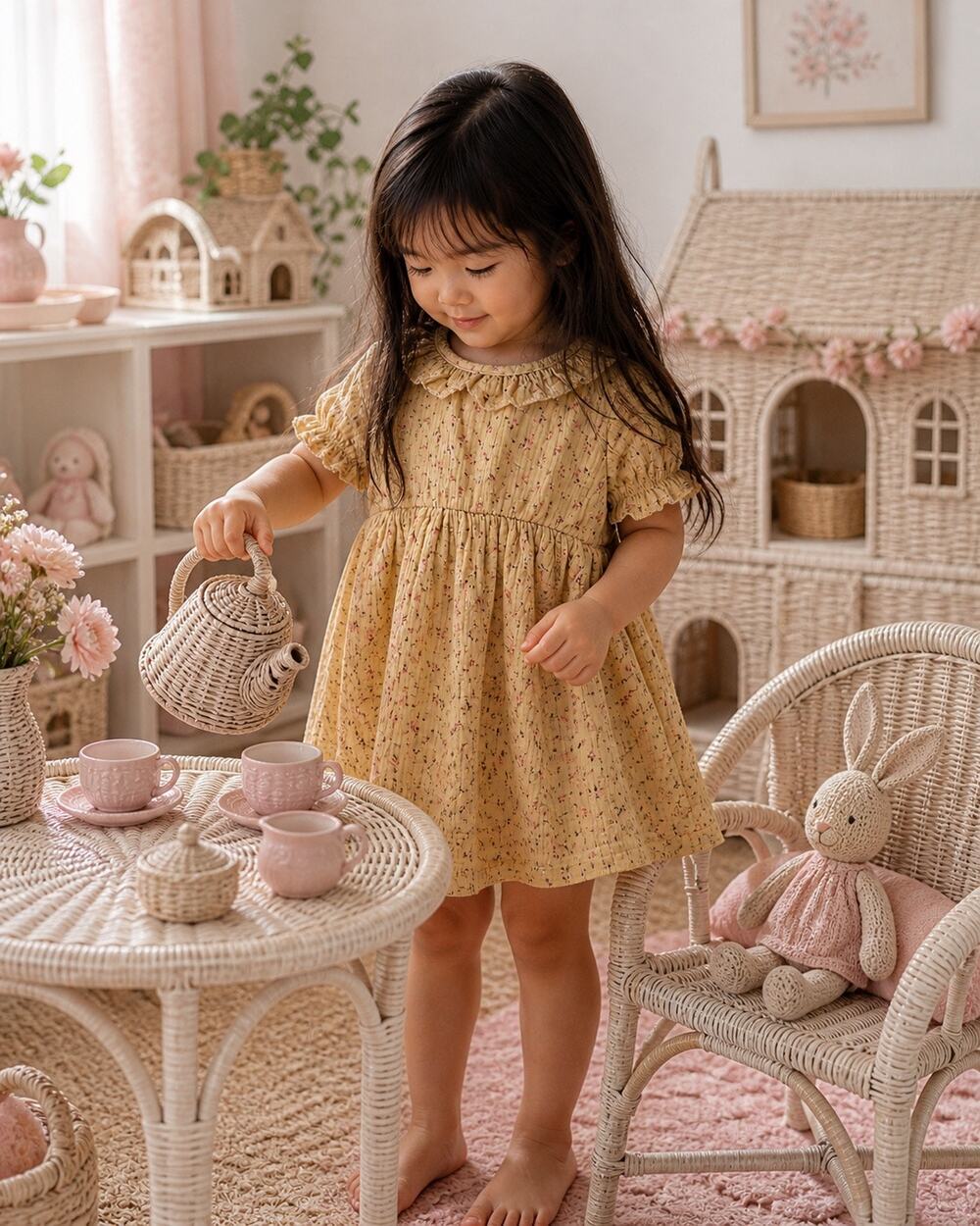 New Darling Golden Floral Minimalist Muslin Gauzy Dress 3T/4T